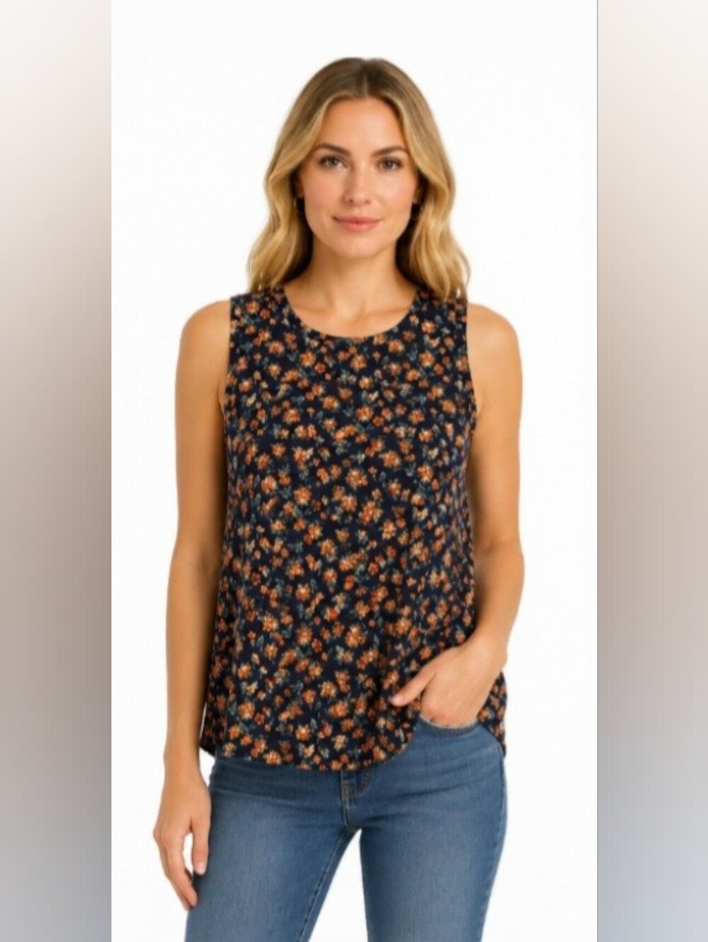 Old Navy Luxe Medium Blue Floral Tank Sleeveless Womens Casual Stretch